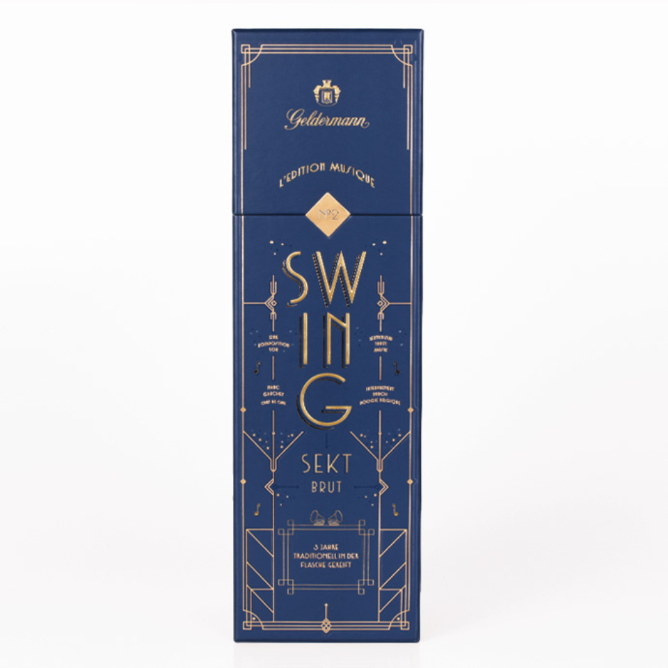 Verpackung für Geldermann Edition Musique in blau mit goldenem Druck