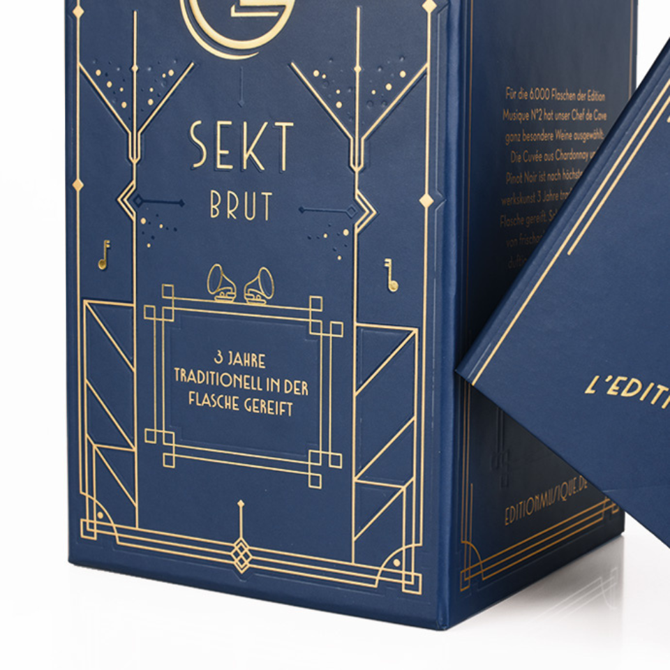 Verpackung für Geldermann Edition Musique in blau mit goldenem Druck