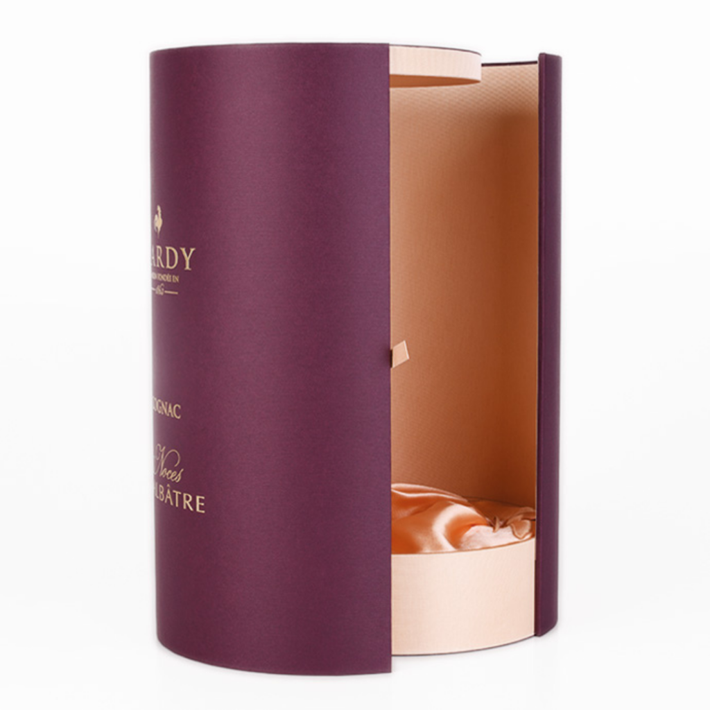 Luxurious cylindrical packaging with special print for Hardy Cognac
